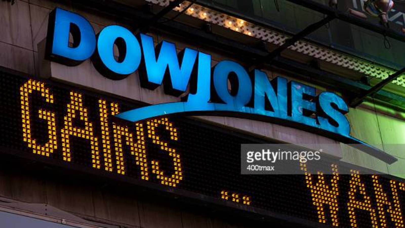 New York, USA - July 29, 2016: The illuminated Dow Jones sign in times square late in the night as the latest news streams on the led board.