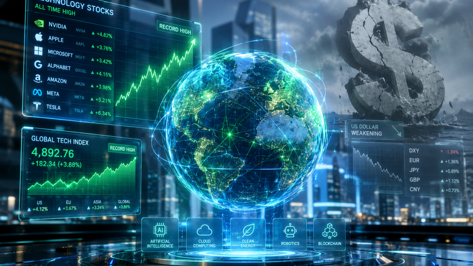Hologram Keuangan Global dan Saham Teknologi