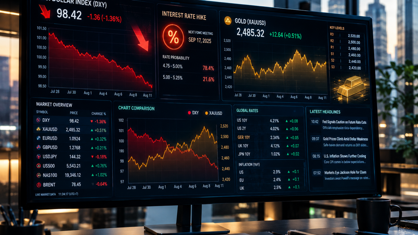 Meja Trading dengan Dashboard Pasar Global
