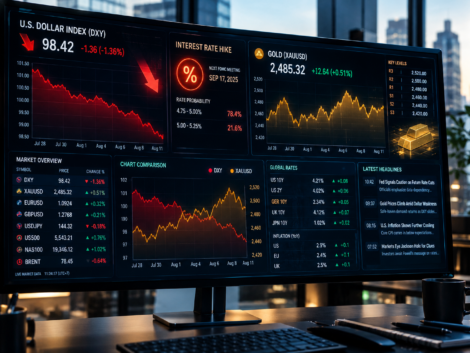 Meja Trading dengan Dashboard Pasar Global
